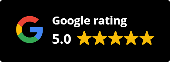 Google rating badge: 5.0 out of 5 with five gold stars on a black background